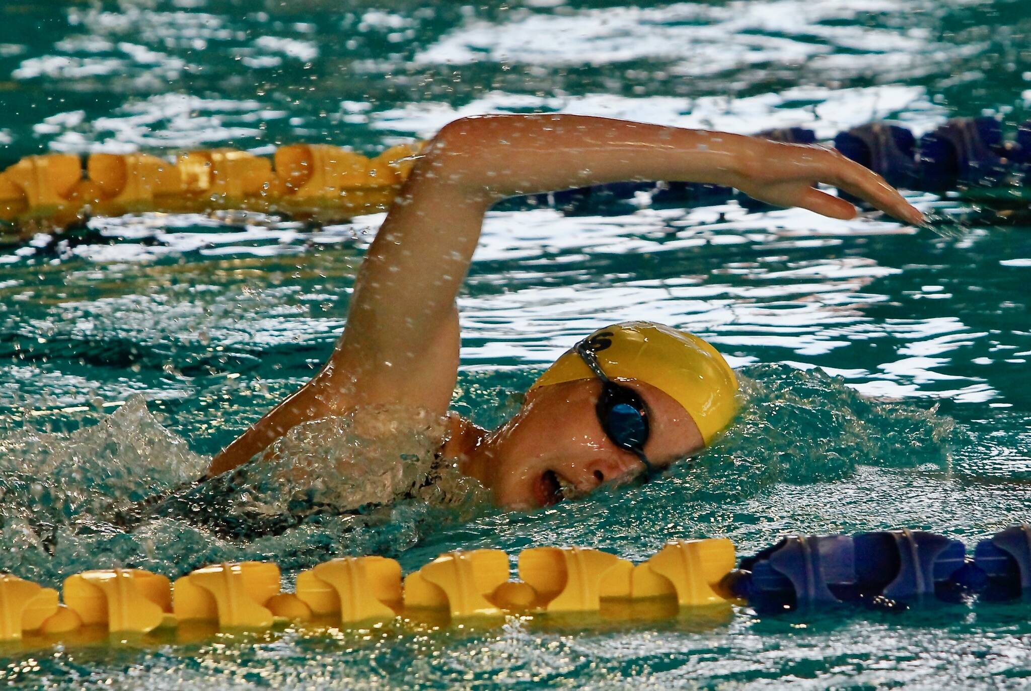 Bainbridge sophomore Kathryn Houseman swims to victory in the 500-yard freestyle in Tuesday’s tri-meet against North Kitsap and Kingston. (Mark Krulish/Kitsap News Group)