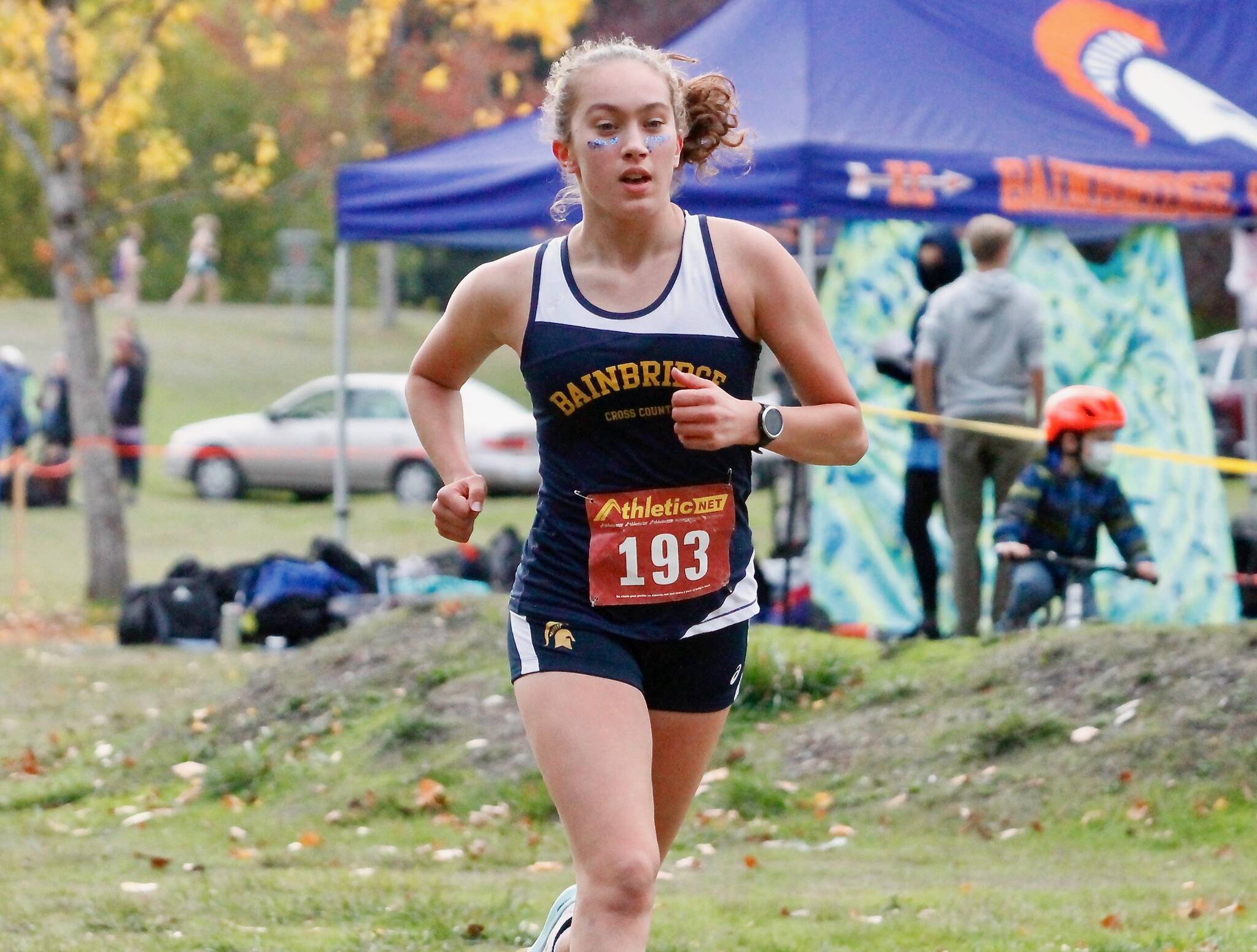 Bainbridge senior Eden Michael took home a second-place finish in the final regular season cross country league meet at Battle Point Park. Michael’s performance helped lead Bainbridge to a team victory. (Mark Krulish/Kitsap News Group photos)