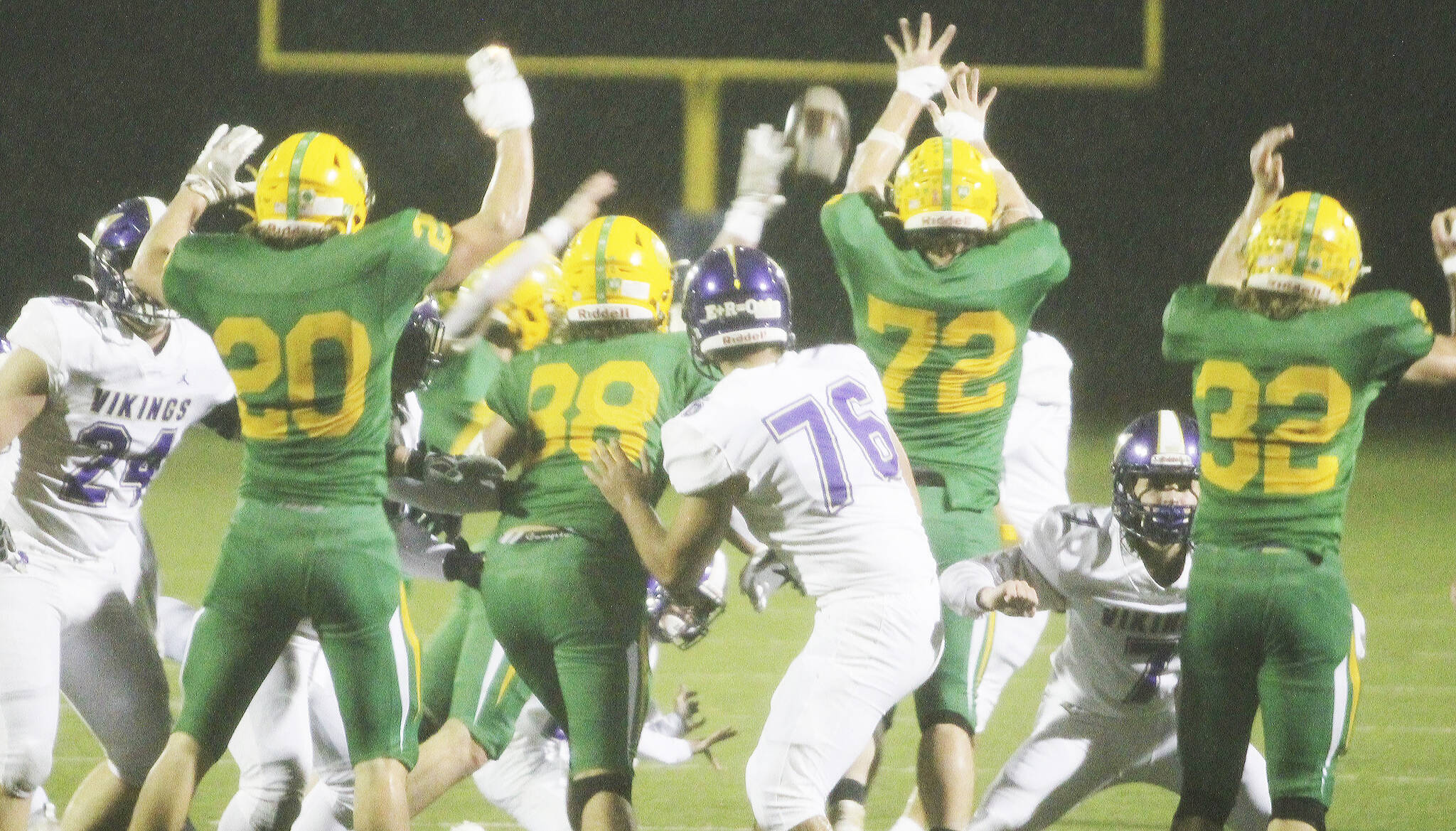 The only Viking score in the first half was this field goal, which Lynden tried to block. Sofian Hammou (76) protects for NK.