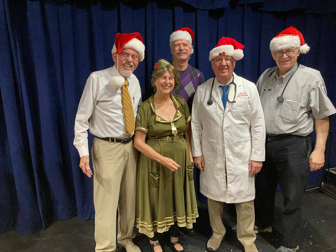 The holiday-themed production held earlier this month was the first live performance with a full audience at the Jewel Box Theatre since before the pandemic began in March of 2020. Castmembers from left to right: Al Gunby, Kathy Currie, Mike Currie (back), Gary Vance, and John Ackenhusen. Courtesy photo
