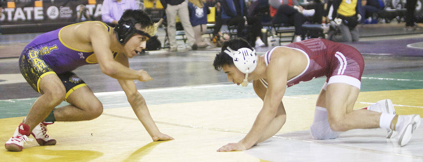 Steve Powell | Kitsap News Group
Mitchell Neiner, right, of South Kitsap was the state champion at 126 pounds, shown here wresting Miguel Valdez of Sunnyside.