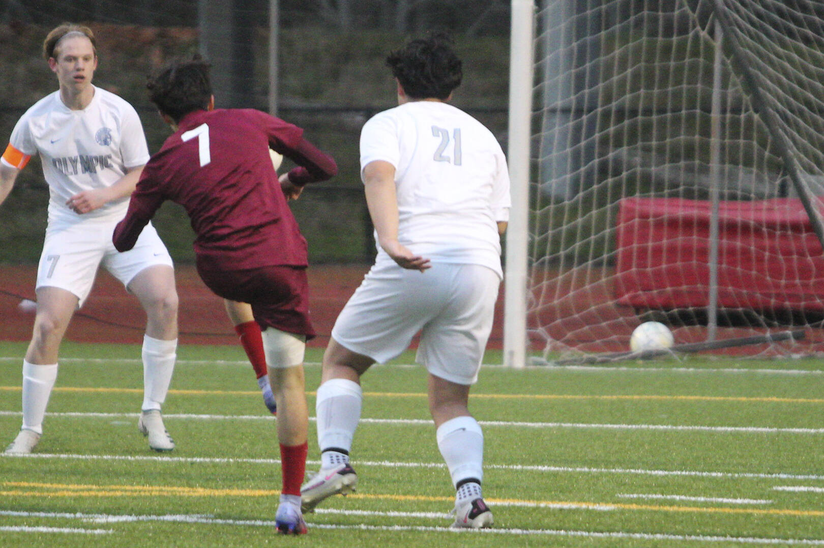 Sophomore Daniel Moran of the Bucs almost scored a goal on this shot, but the Olympic goalie was able to make the save.