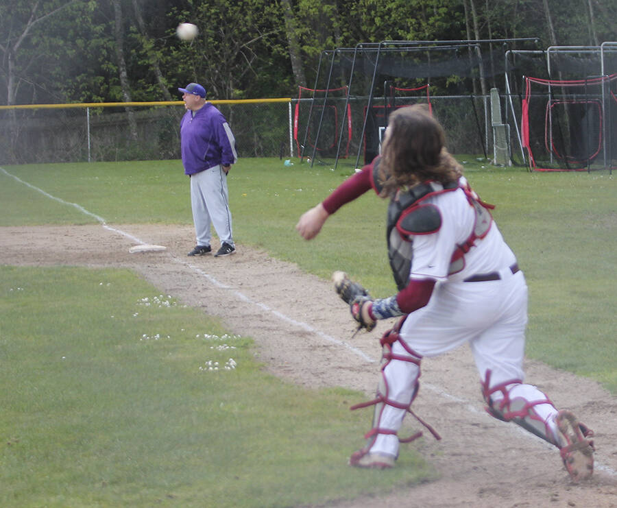 Kingston catcher Rylee Gooby comes up throwing against the Vikings.