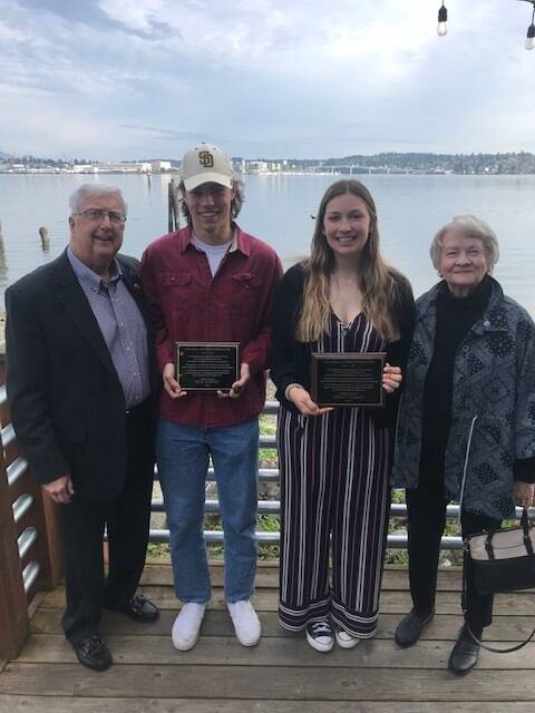 The 2022 Maynard Lundberg Scholarship was awarded by Bill Evans (far left), executive director of the Maynard Lundberg Education Foundation, to Cole Darcey and Megan Miller. At the far right is Janet Lundberg Pugh, Maynard Lundberg’s daughter. (Courtesy photo | Port Orchard Rotary)
