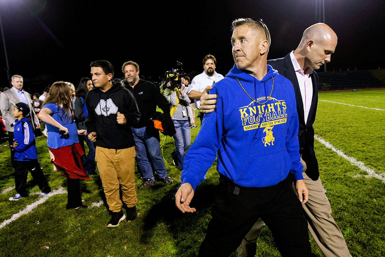 Heraldnet photo
Former Bremerton High assistant football coach Joe Kennedy was placed on paid leave in 2015 following a dispute with Bremerton School District over his leading prayer sessions at the 50-yard line following games.