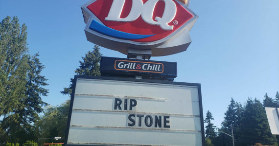 The sign outside Poulsbo’s Dairy Queen pays homage to 19-year-old Stone Wickham, who was killed Saturday in a vehicular homicide. He was the son of DQ’s general manager Matthew Wickham. Tyler Shuey/Kitsap News Group Photos