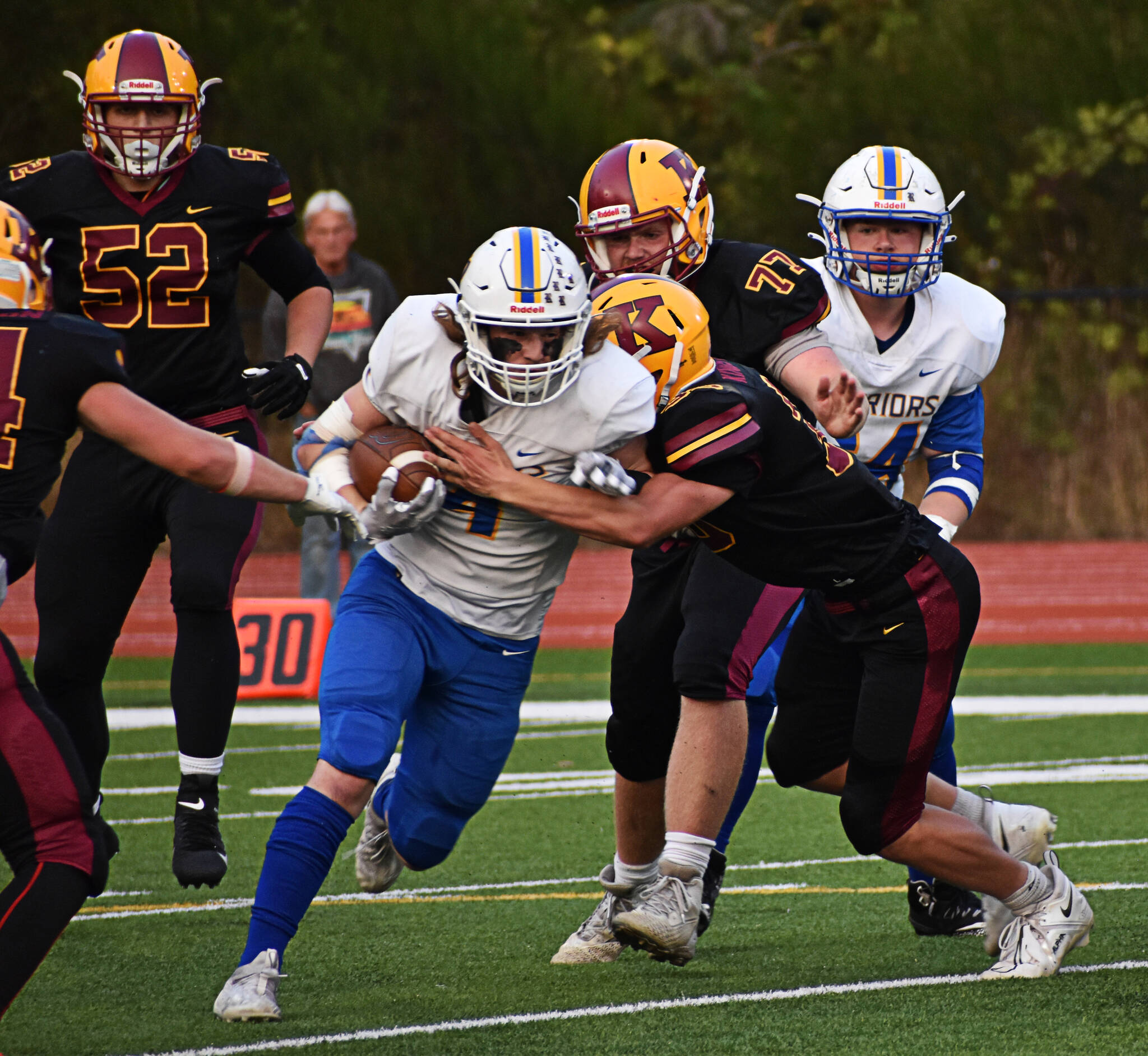 Although they showed upside, Kingston’s linemen were outmatched by Rochester. Nicholas Zeller-Singh/North Kitsap Herald Photos