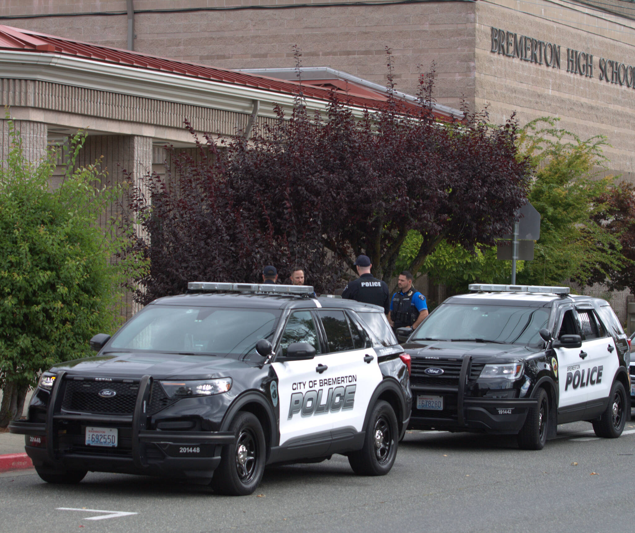 Only a few police cars remain outside Bremerton High School after a suspect was arrested, and the lockdown was moments from ending. Elisha Meyer/Kitsap News Group