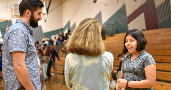 Woodward Middle School student Antonia Paxtor Vicente speaks with filmmaker Zach Ingrasci and eighth-grade school counselor Patricia Beers about Guatemala. Nancy Treder/Kitsap News Group Photos