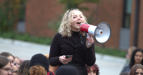 Central Kitsap High School student Cailey Wallace speaks to the crowd of students. Elisha Meyer/Kitsap News Group Photos