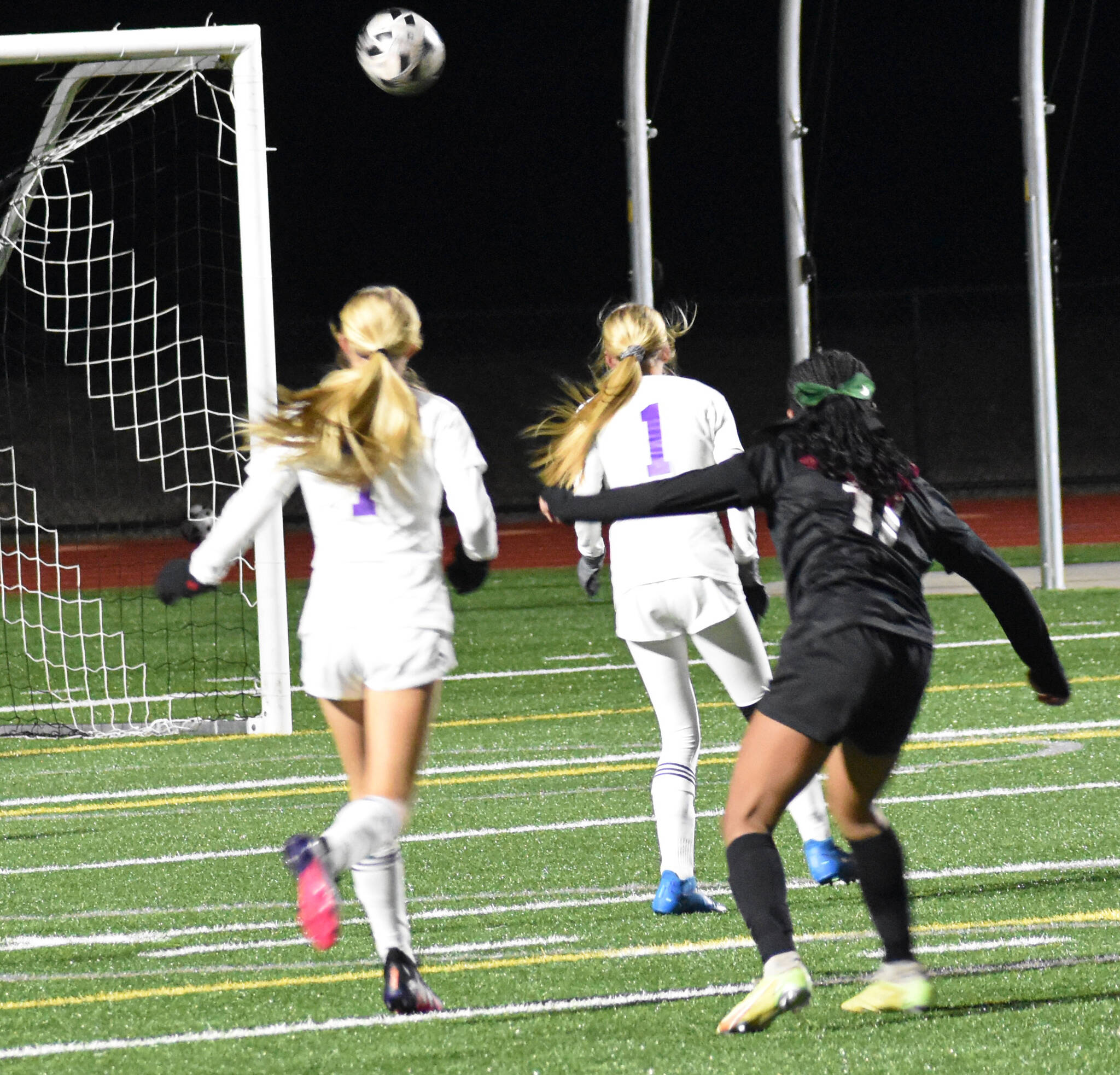 Amira Lyons rifles a shot over Connell’s defenders and goalie to boost the Eagles lead. Nicholas Zeller-Singh/Kitsap News Group Photos