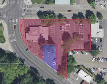The Bainbridge police station site in light red, with the ‘notch’ in purple. Courtesy Image