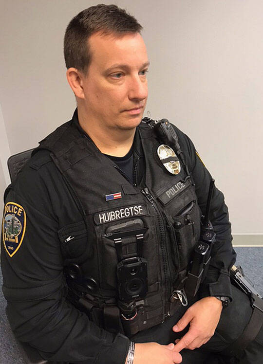 Port Orchard officer David Huibregtse is already wearing a body camera. At first, he says he was apprehensive, but now it’s just part of his equipment. Mike De Felice/Kitsap News Group Photos