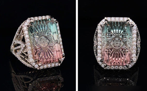 Bainbridge Island jeweler Robin Callahan Designs with a tri color tourmaline ring cut by Dalan Hargrave.