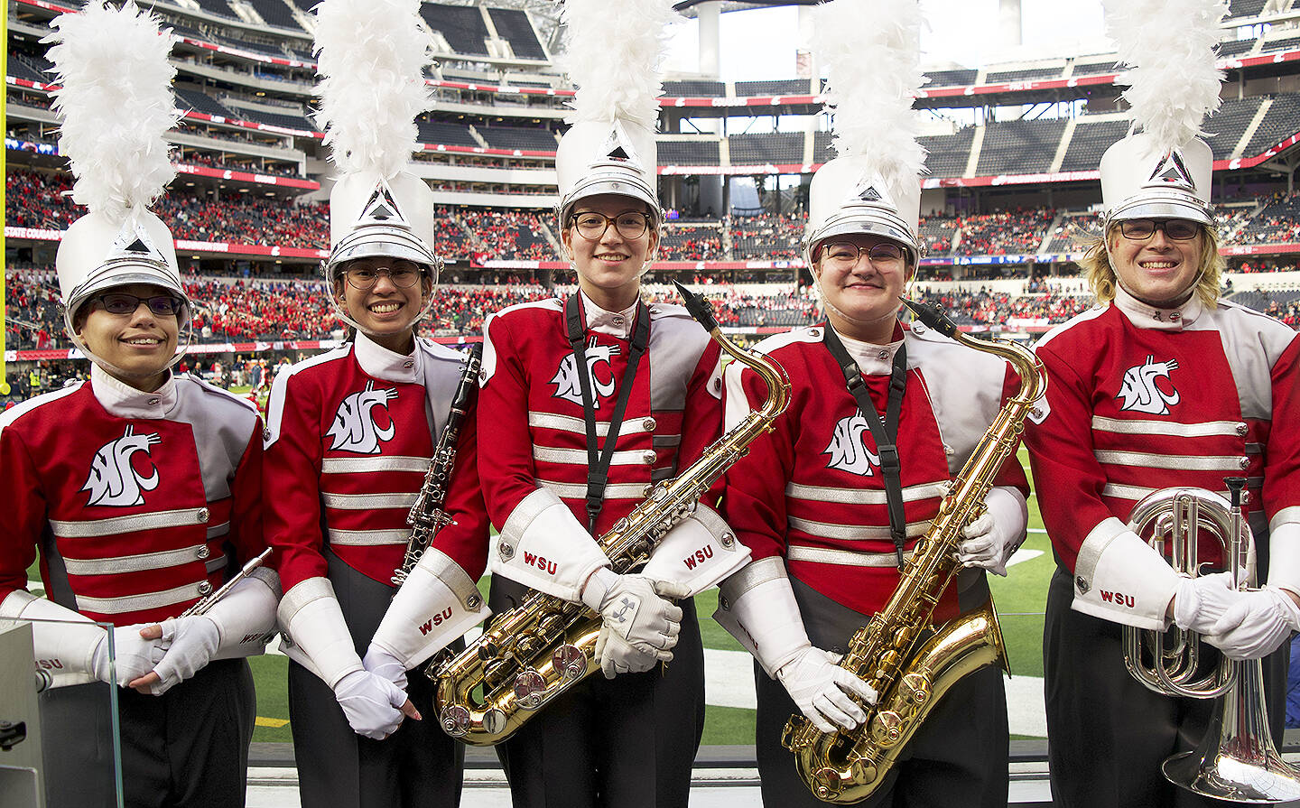 Lauren Yantis/Courtesy Photo
Cat Martin, Kate Lachica, Devi Johnson, Mickey Black and Zach Simmons all play in the WSU band and are from Kitsap County.