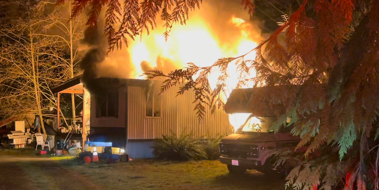 A man was displaced from his home after a destructive mobile home fire on Fox Glove Lane in North Kitsap. Courtesy Photo