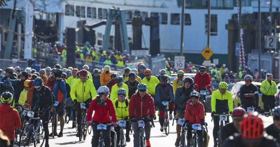 The first hill for many of the riders on Chilly Hilly is coming up to Winslow from the ferry. Simon Hoke Courtesy Photos