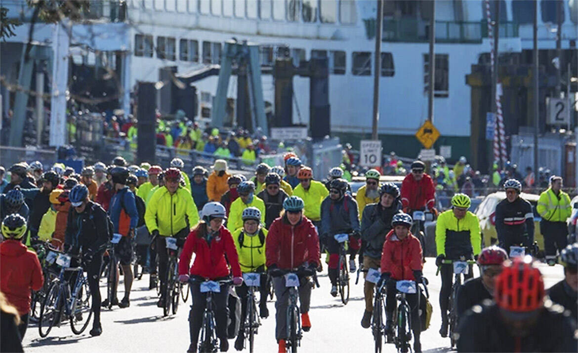 The first hill for many of the riders on Chilly Hilly is coming up to Winslow from the ferry. Simon Hoke Courtesy Photos