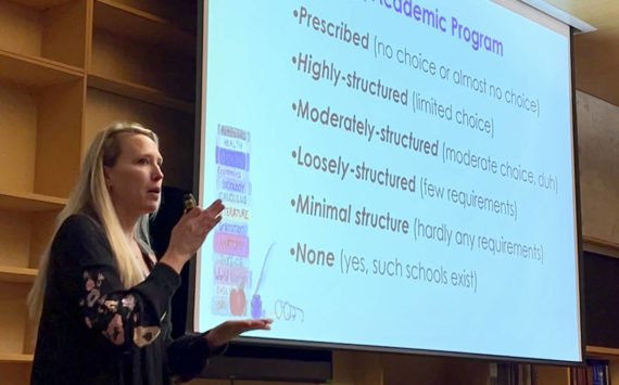 BHS counselor Cara Tebo speaks with parents and students during a " Beyond BHS" seminar about the importance of finding the right fit when selecting a college. Nancy Treder/Kitsap News Group Photos
