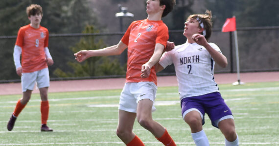 Central Kitsap’s Landon Christian and North Kitsap’s Mason Chmielewski battle for the ball in the air. Nicholas Zeller-Singh/Kitsap News Group Photos