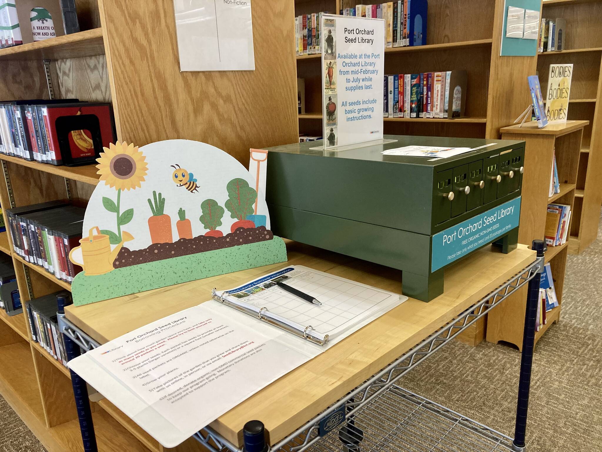 The Port Orchard Seed Library, set up opposite the main library desks. Elisha Meyer/Kitsap News Group