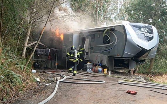 A trailer fire in North Kitsap displaced a couple March 30. NKF&R courtesy photos