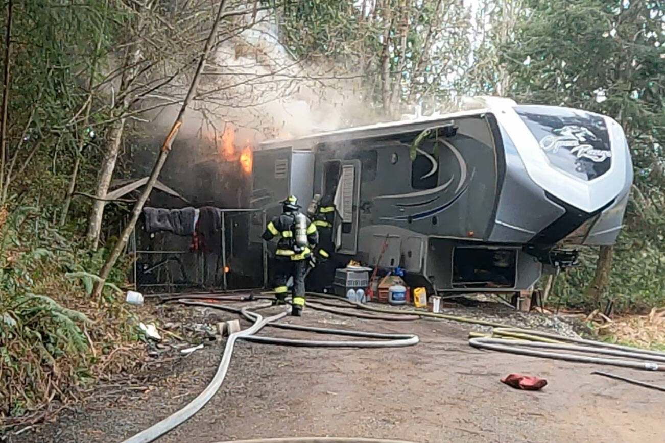 A trailer fire in North Kitsap displaced a couple March 30. NKF&R courtesy photos