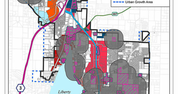 A map showing where potential sites could be for a retail cannabis business in Poulsbo. City of Poulsbo courtesy map