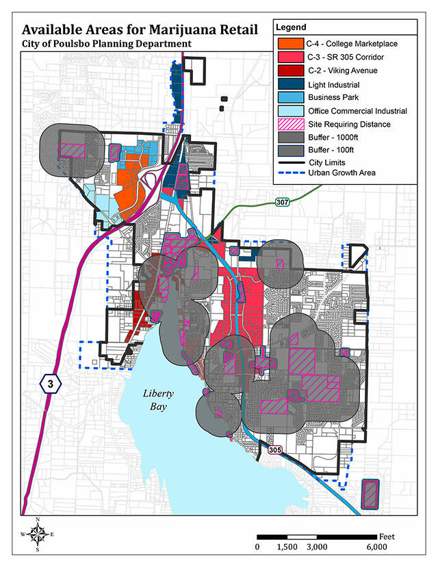 A map showing where potential sites could be for a retail cannabis business in Poulsbo. City of Poulsbo courtesy map