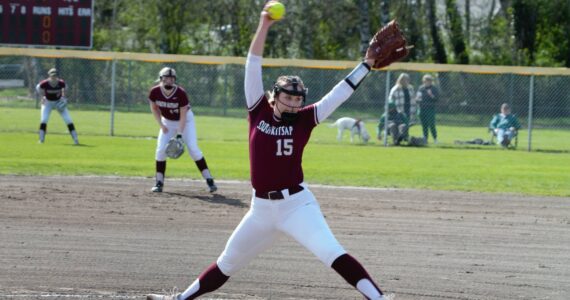 Junior Elle Ecklund delivers a pitch during her start against Emerald Ridge. Elisha Meyer/Kitsap News Group Photos