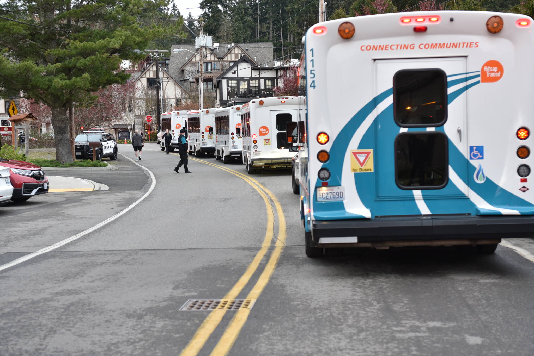 Kitsap Transit shuttles lined up in Lynwood in anticipation of taking passengers to Bremerton.