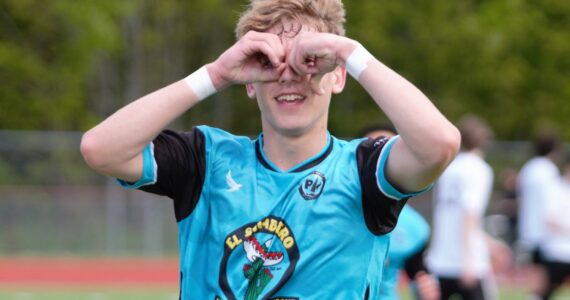 Hunter Milbrot celebrates after scoring on a penalty kick in the 32nd minute of POFC’s inaugural match. Elisha Meyer/Kitsap News Group Photos