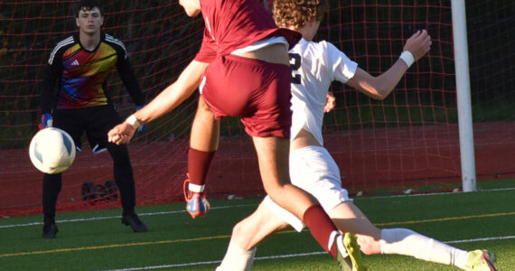 Telmo Buxens-Astorqui shoots the ball at Steilacoom’s goalie. Nicholas Zeller-Singh/Kitsap News Group Photos