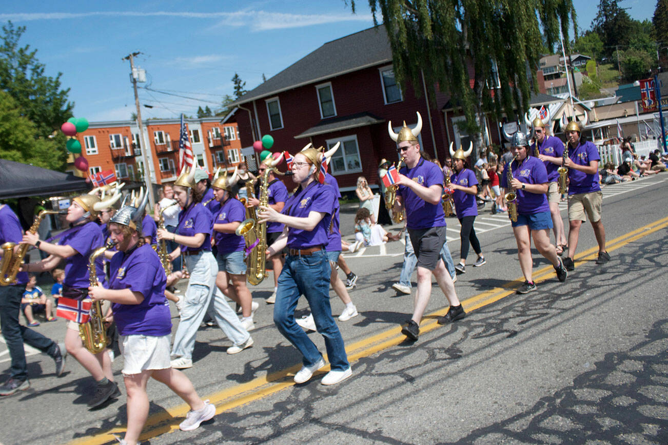 The North Kitsap High School band plays some tunes during the Viking Fest parade.