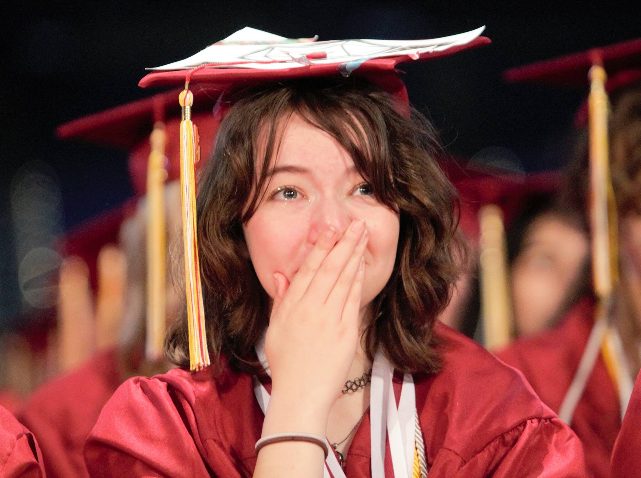 Salutatorian Ripley Elberfeld sheds a few tears during the 2023 graduation ceremony. Elisha Meyer/Kitsap News Group Photos