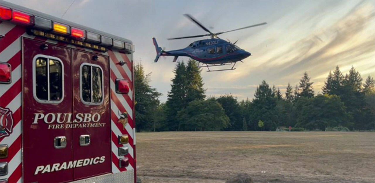 A boy was airlifted to Harborview Medical Center in Seattle July 26 after suffering potentially serious but non-life-threatening injuries following an incident with a vehicle in the parking lot of Gateway Fellowship Church in Poulsbo. PFD courtesy photo