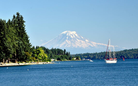 Mount Rainier looms large on the horizon.