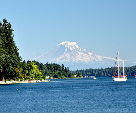 Mount Rainier looms large on the horizon.