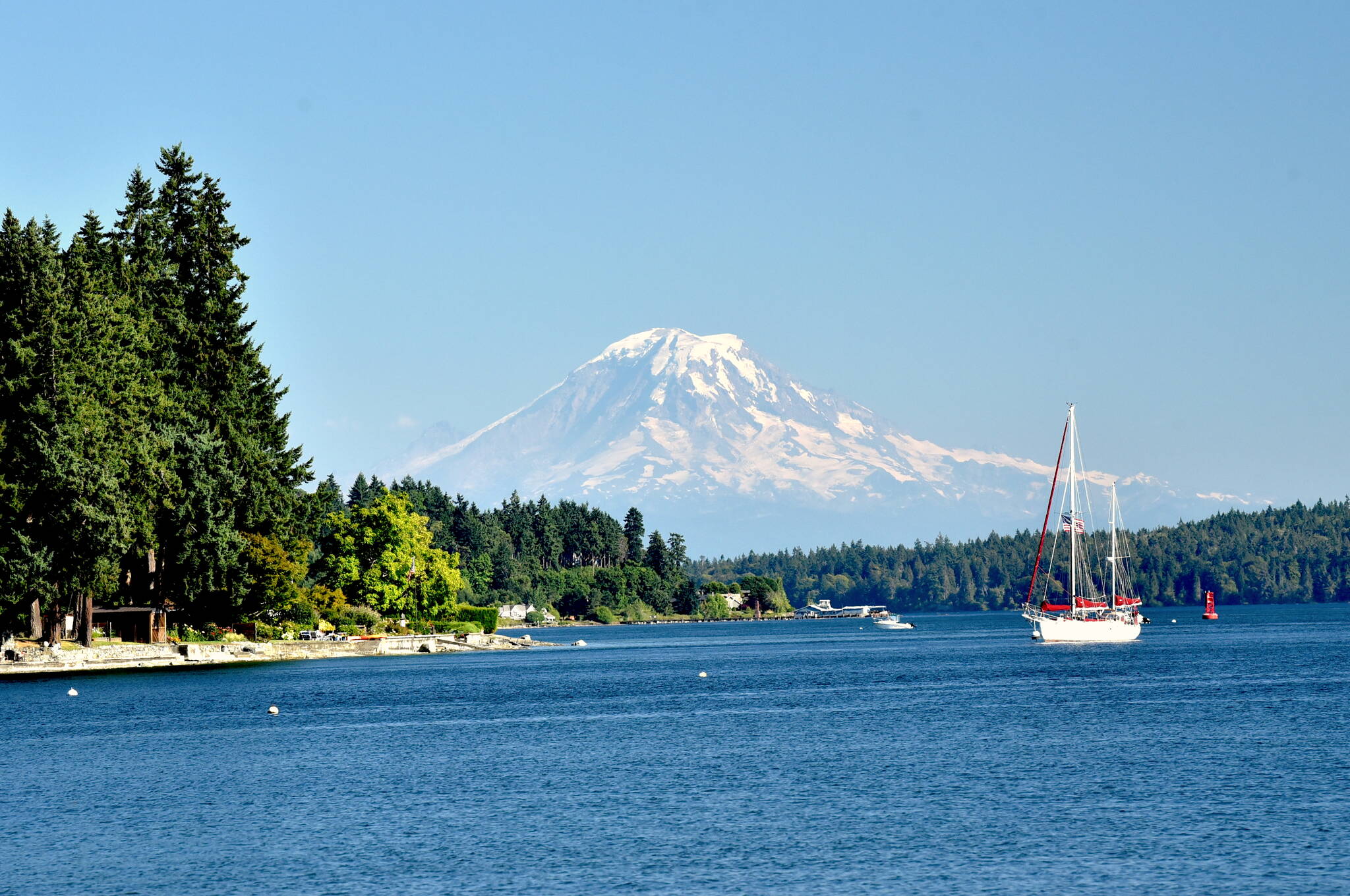 Mount Rainier looms large on the horizon.