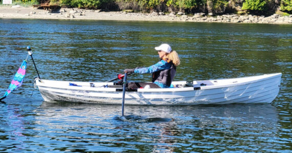 Susan Ann courtesy photos
Susan Ann of Poulsbo completed the Salish 100 in her small rowboat in July.