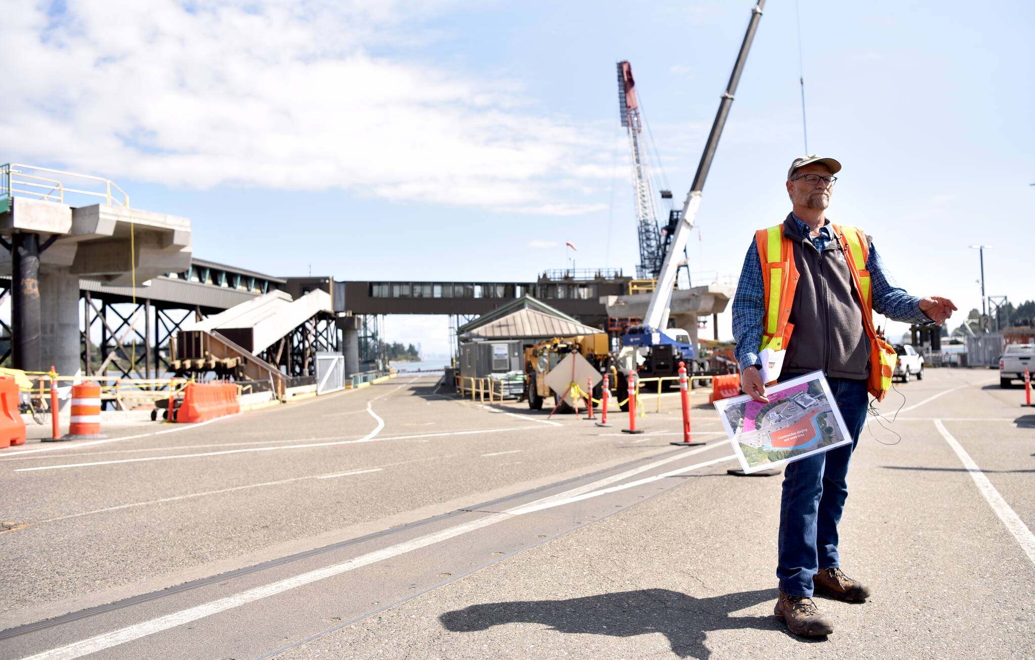 Nancy Treder/Kitsap News Group
Project engineer Tom Castor stands in front of the construction zone at the Bainbridge Island ferry terminal where crews will begin setting four bridge spans totaling 338 feet in length onto giant concrete and steel footings. The work will shut down drive-on service for vehicles Sept. 7-13. Commuters who need to use their cars must use the Bremerton or Kingston ferry terminals instead.