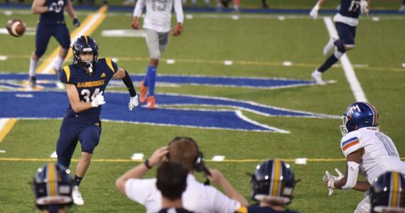 Nancy Treder/Kitsap News Group Photos
A pass heads toward an Auburn Mountainview receiver during the game against Bainbridge Island Sept. 8.