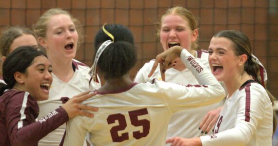 Elisha Meyer/Kitsap News Group
South Kitsap players celebrate after taking another early point in the second set of their Sept. 26 match versus Curtis.