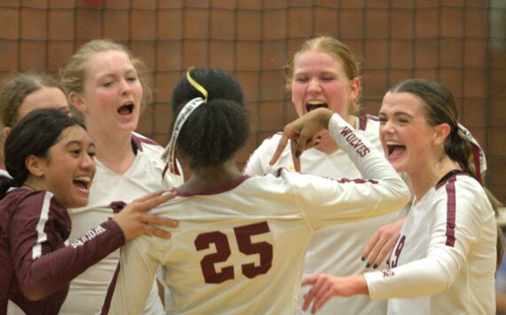 Elisha Meyer/Kitsap News Group
South Kitsap players celebrate after taking another early point in the second set of their Sept. 26 match versus Curtis.
