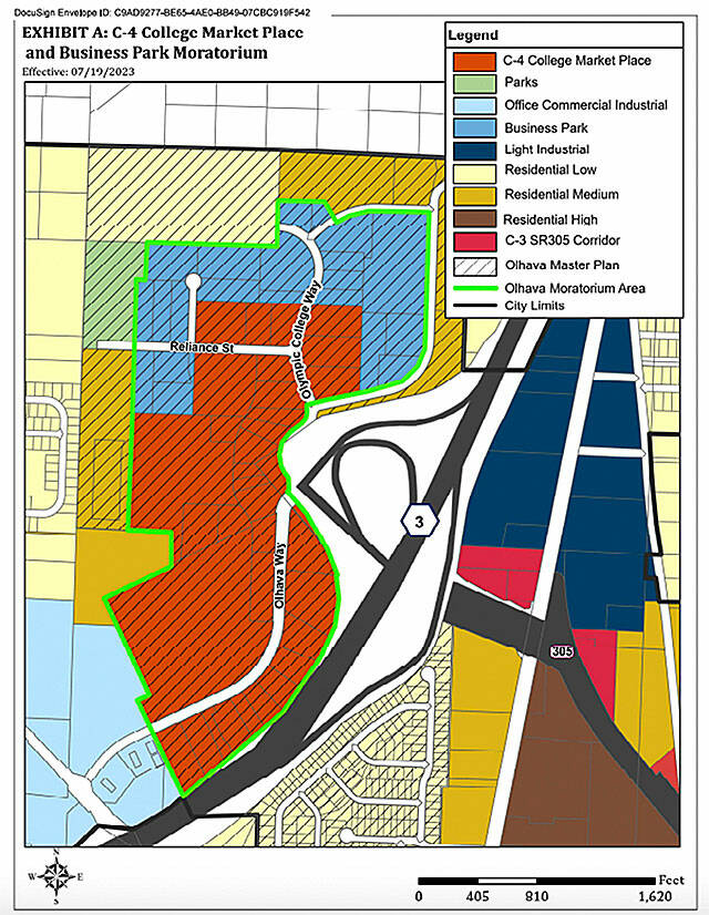 City of Poulsbo courtesy map
A map showing the affected areas of the temporary 12-month emergency moratorium on certain development in the Olhava Master Plan.