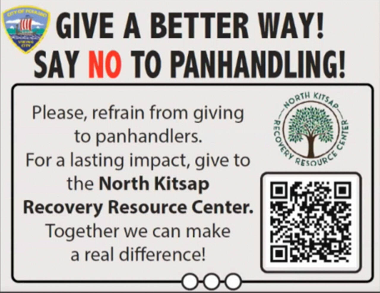 City of Poulsbo courtesy photo
This message advising community members to not give cash to panhandlers will be put on signs around Poulsbo.