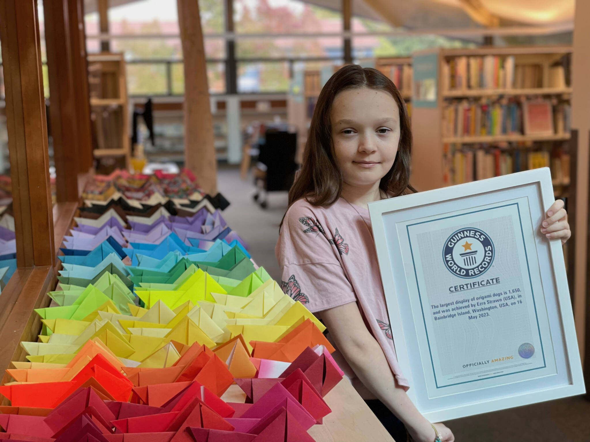 Brynn Blanchard courtesy photo
Ezra Strawn, 12, poses with a certificate from Guinness World Records verifying her world record displaying 1,650 origami dogs May 16 at the Bainbridge Island Public Library.