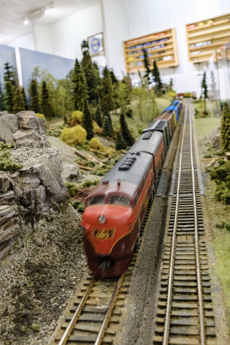 A model train zooms down one of the tracks.