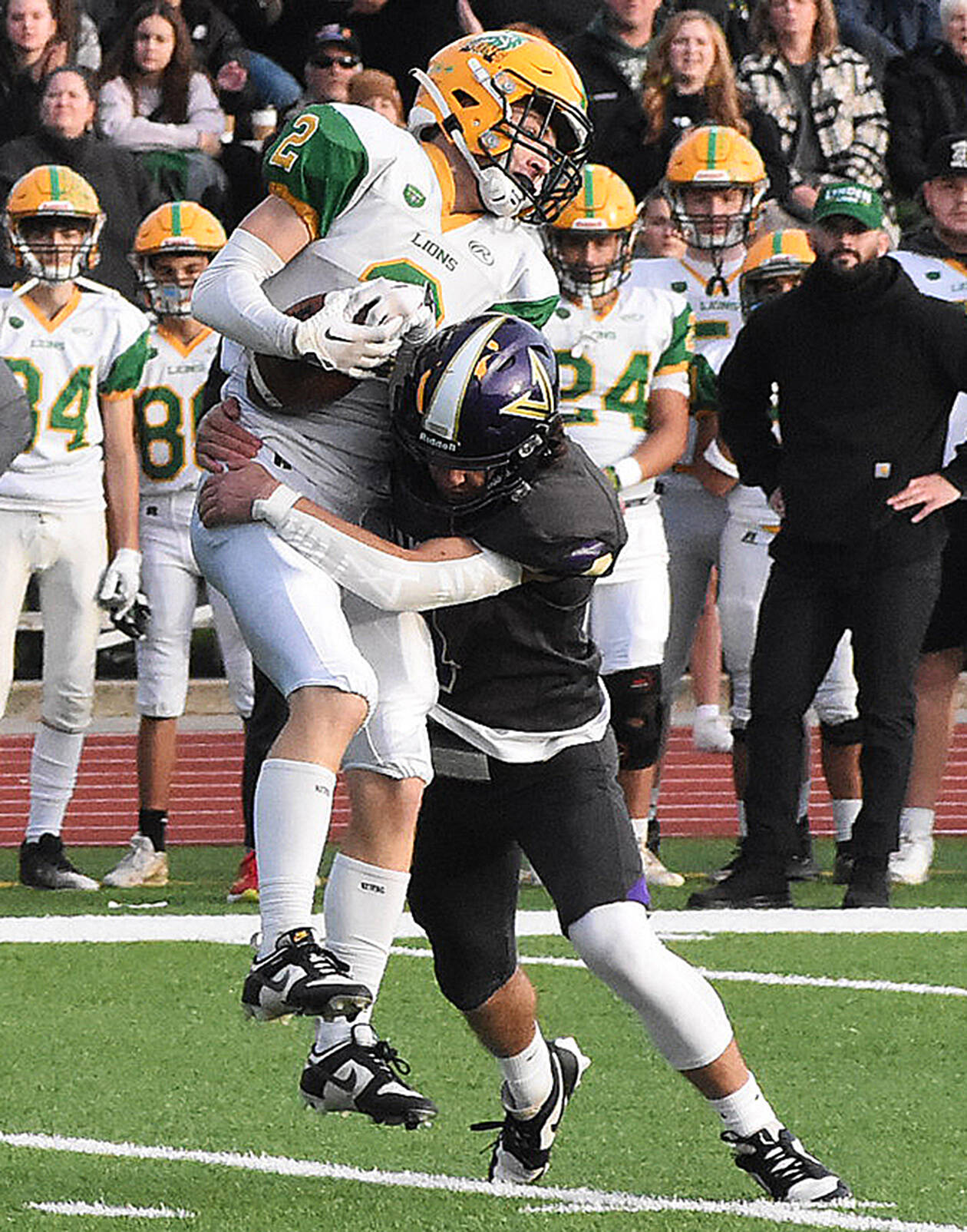 Nicholas Zeller-Singh/Kitsap News Group Photos
Viking Alex Hitchings gave up a catch on this play but later made the game-winning interception against Lynden.
