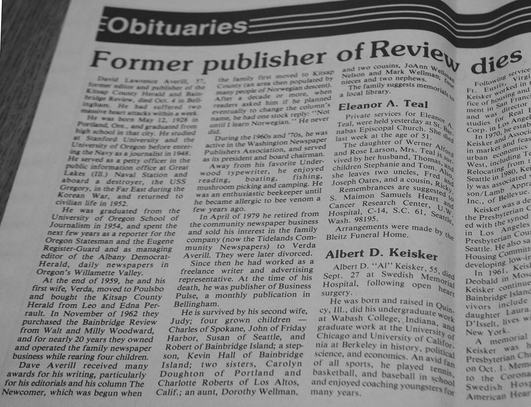 David Averill’s obit appeared in the Review even though he had moved away.